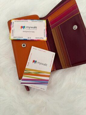 Mywalit Italian Leather Wallet Colorblock Red Orange Trifold Zip